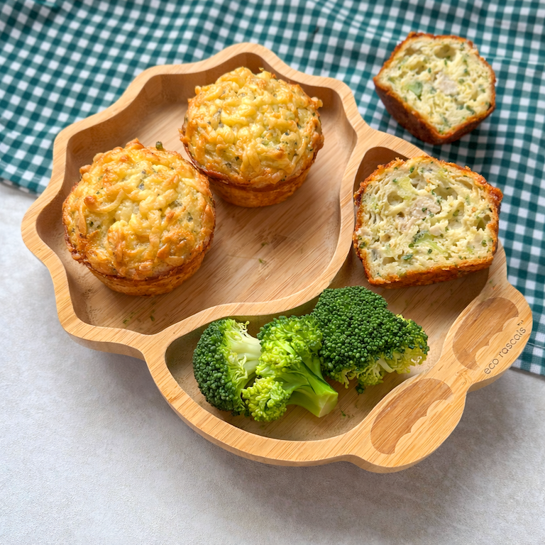 Chicken broccoli muffins on a bamboo toddler plate